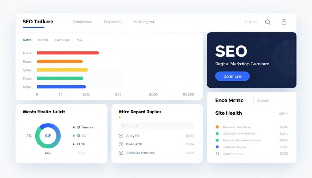Clean SEO software interface featuring a colorful rank tracking chart, white-label report generator, and a site health audit dashboard.