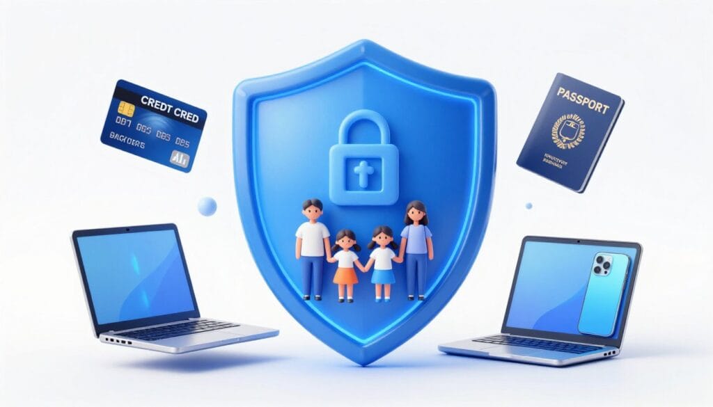 High-quality 3D digital render of a glowing blue shield protecting a family's digital identity, including credit cards, passports, and multiple laptops and smartphones, sleek cybersecurity style, white background. High-quality 3D digital render of a glowing blue shield protecting a family's digital identity, including credit cards, passports, and multiple laptops and smartphones, sleek cybersecurity style, white background.