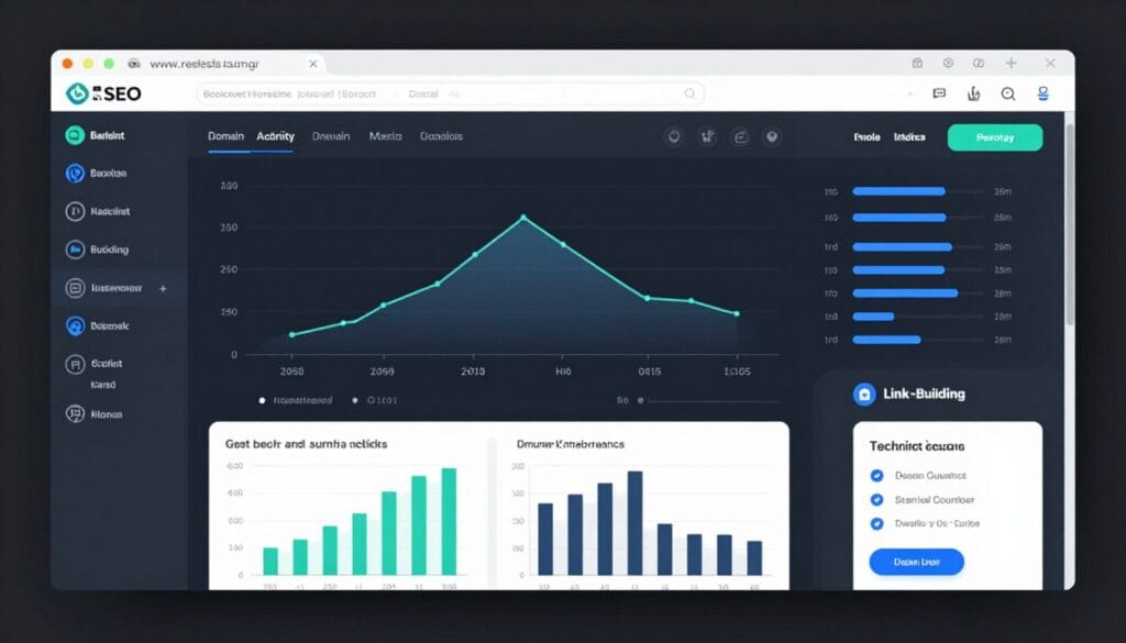 Professional SEO dashboard showing detailed backlink profile graphs, domain authority metrics, and a clean link-building interface for technical research.