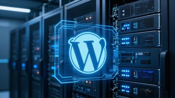 Professional photo of a high-tech data center with glowing blue server racks and a digital holographic WordPress logo, sleek and modern aesthetic, 8k resolution, cinematic lighting.