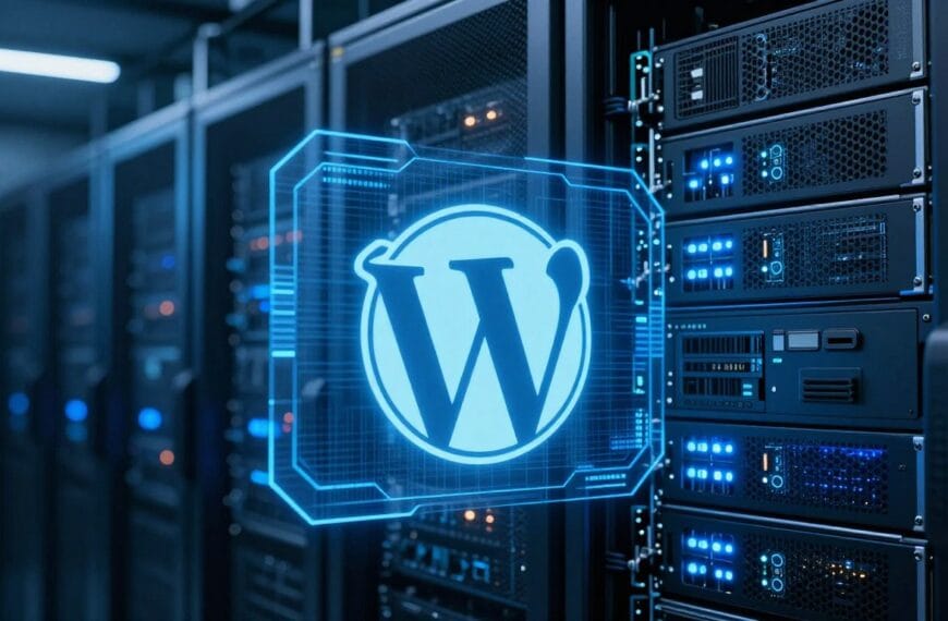 Professional photo of a high-tech data center with glowing blue server racks and a digital holographic WordPress logo, sleek and modern aesthetic, 8k resolution, cinematic lighting.