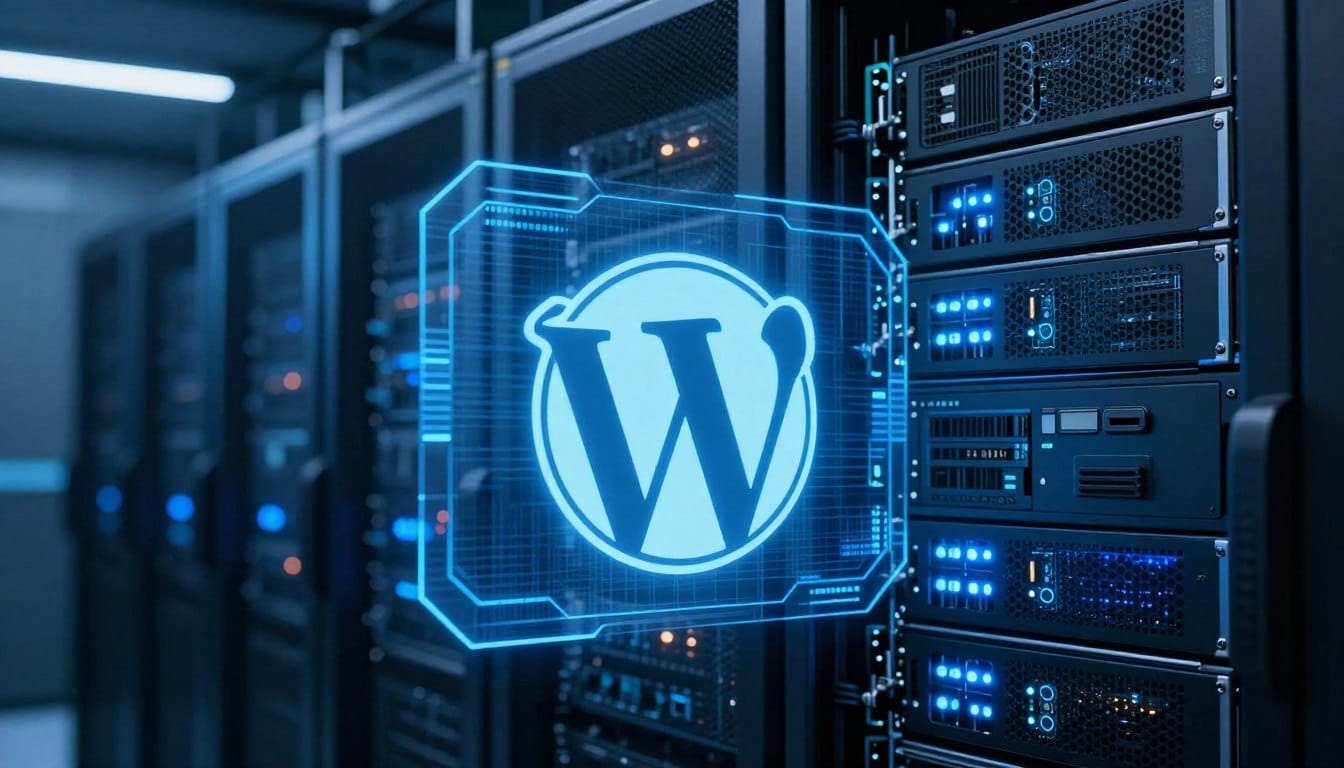 Professional photo of a high-tech data center with glowing blue server racks and a digital holographic WordPress logo, sleek and modern aesthetic, 8k resolution, cinematic lighting.