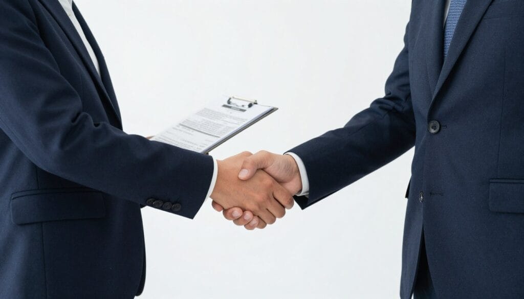Two business partners or a couple shaking hands over a shared document, representing a joint financial venture.