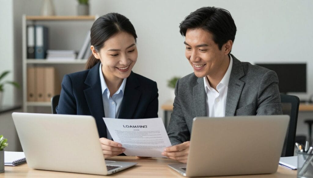 Two people sitting together at a laptop, smiling and reviewing a loan agreement with a sense of security.