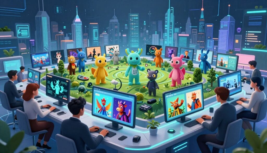 Visualize the vibrant ecosystem of the Cronos blockchain, showcasing a futuristic NFT marketplace bustling with digital art pieces. In the foreground, depict a sleek, modern marketplace interface with users examining virtual artworks on their devices—individuals in professional attire engaged in interactions. The middle layer should feature diverse digital assets, like animated NFTs, seamlessly blended into the landscape, highlighting their unique designs and colors. In the background, illustrate a sprawling city skyline infused with digital elements, symbolizing technological advancement and connectivity. The lighting should be soft yet dynamic, casting a blue and green glow, suggesting innovation and sustainability. Capture this scene from a slightly elevated angle, evoking a sense of excitement and opportunity within the crypto ecosystem.
