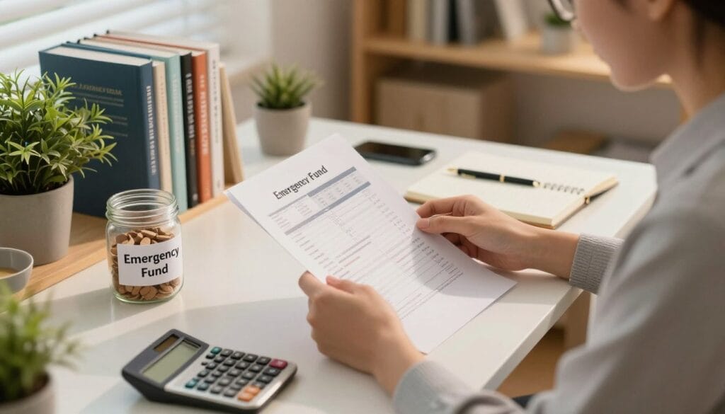 A focused scene depicting a cozy and organized home office to illustrate an emergency fund savings strategy. In the foreground, a well-dressed individual, possibly in their 30s, reviews financial documents with intent; they are seated at a desk filled with budgeting tools like a calculator, a notebook, and a clear jar labeled "Emergency Fund." In the middle ground, a bookshelf displays personal finance books, while a potted plant adds a touch of greenery. In the background, soft, warm lighting from a window casts gentle shadows, creating a calming atmosphere. Capture this setup with a slightly elevated angle, emphasizing the individual’s concentration and the importance of financial planning, evoking a sense of responsibility and hopefulness.