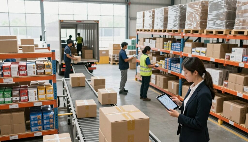 A modern inventory and shipping logistics scene in a bustling warehouse. In the foreground, neatly arranged shelves filled with various products, labeled for easy identification. A professional woman in business attire is analyzing data on a tablet, observing the organization of the items. In the middle, a conveyor belt moves packages towards a loading dock, where a delivery truck awaits. Workers in casual but professional clothing are carefully stacking boxes for shipment. In the background, large windows allow bright, natural light to flood the space, illuminating the hustle and bustle of the logistics operations. The atmosphere is dynamic and efficient, reflecting a well-organized system focused on inventory management and shipping processes. The image captures the essence of planning and logistics in a vibrant, industrial setting.