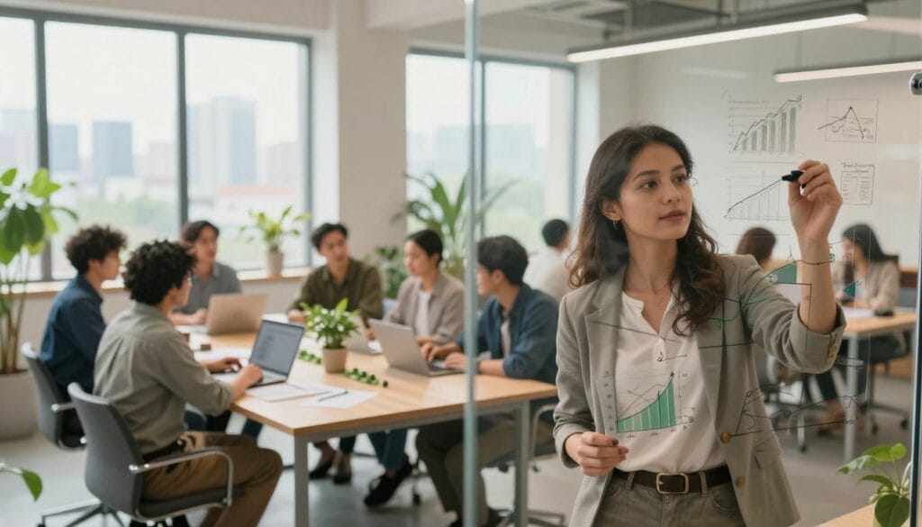 A modern, open workspace filled with natural light, showcasing a diverse group of professionals collaborating on sustainable business strategies. In the foreground, a focused female entrepreneur in smart casual attire writes on a transparent glass board filled with eco-friendly growth charts and diagrams. The middle ground features a large table surrounded by team members of various backgrounds, discussing ideas with laptops and green plants decoratively placed around them. In the background, large windows reveal a skyline view, symbolizing future growth. Soft, warm lighting creates an inviting atmosphere, emphasizing teamwork and innovation, while an overall tone of optimism and progress radiates throughout the scene.