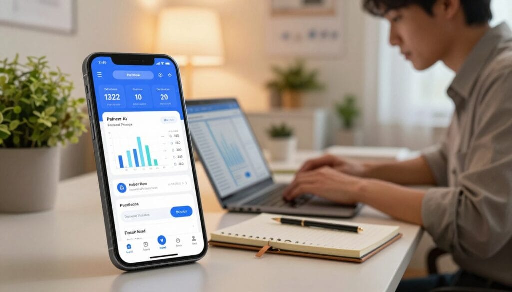 A modern workspace featuring a sleek smartphone and a tablet displaying vibrant screens of AI-powered personal finance apps. In the foreground, the devices show clear, intuitive interfaces with graphs, budgeting tools, and digital wallet features. In the middle ground, a focused young professional in smart casual attire reviews data on a laptop, surrounded by partially open notebooks and a plant for a touch of greenery. The background reveals a well-organized desk with soft, ambient lighting casting a warm glow, suggesting a productivity-focused atmosphere. The overall mood is one of innovation and efficiency, capturing the essence of technology transforming personal finance management in 2024.