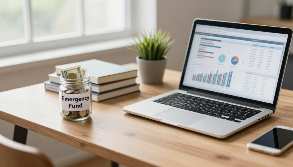A serene and organized workspace featuring a modern wooden desk with an open laptop displaying financial spreadsheets and graphs. In the foreground, a glass jar labeled "Emergency Fund" filled with currency notes and coins, symbolizing savings. The middle ground includes a neatly stacked collection of financial planning books and a small potted plant, suggesting growth and stability. The background showcases a large window with soft, natural light streaming in, illuminating the scene and creating a calm atmosphere. The overall mood is focused and professional, hinting at responsibility and financial planning. The angle is slightly elevated, capturing the entire setup with clarity and depth. No people in the image, ensuring a clean, distraction-free focus on the financial elements.