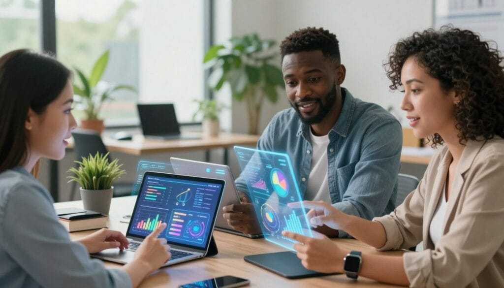 A vibrant and informative scene showcasing AI tools facilitating financial literacy. In the foreground, a diverse group of three professionals—an Asian woman, a Black man, and a Hispanic woman—are engaged with interactive holographic displays featuring graphs, charts, and budgeting tools. Their expressions reflect curiosity and engagement. The middle ground features sleek, modern tech devices, like tablets and smartwatches, integrating seamlessly with AI interfaces that visualize data in creative ways. In the background, a bright, airy office space filled with greenery and large windows suggests an optimistic environment. Soft, diffused lighting enhances the atmosphere, while the camera angle captures the scene from a slightly elevated viewpoint, providing an appealing overview. The mood is dynamic and forward-looking, emphasizing collaboration and innovation in understanding personal finances.